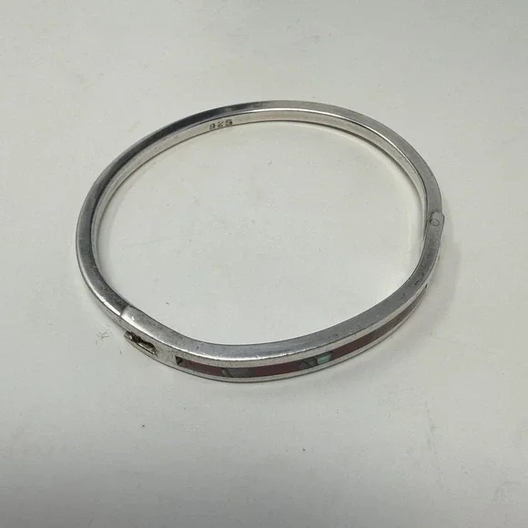 Vintage Mexico 925 Sterling Silver Abalone Red Shell Inlay Hinged Cuff Bracelet - Picture 9 of 16